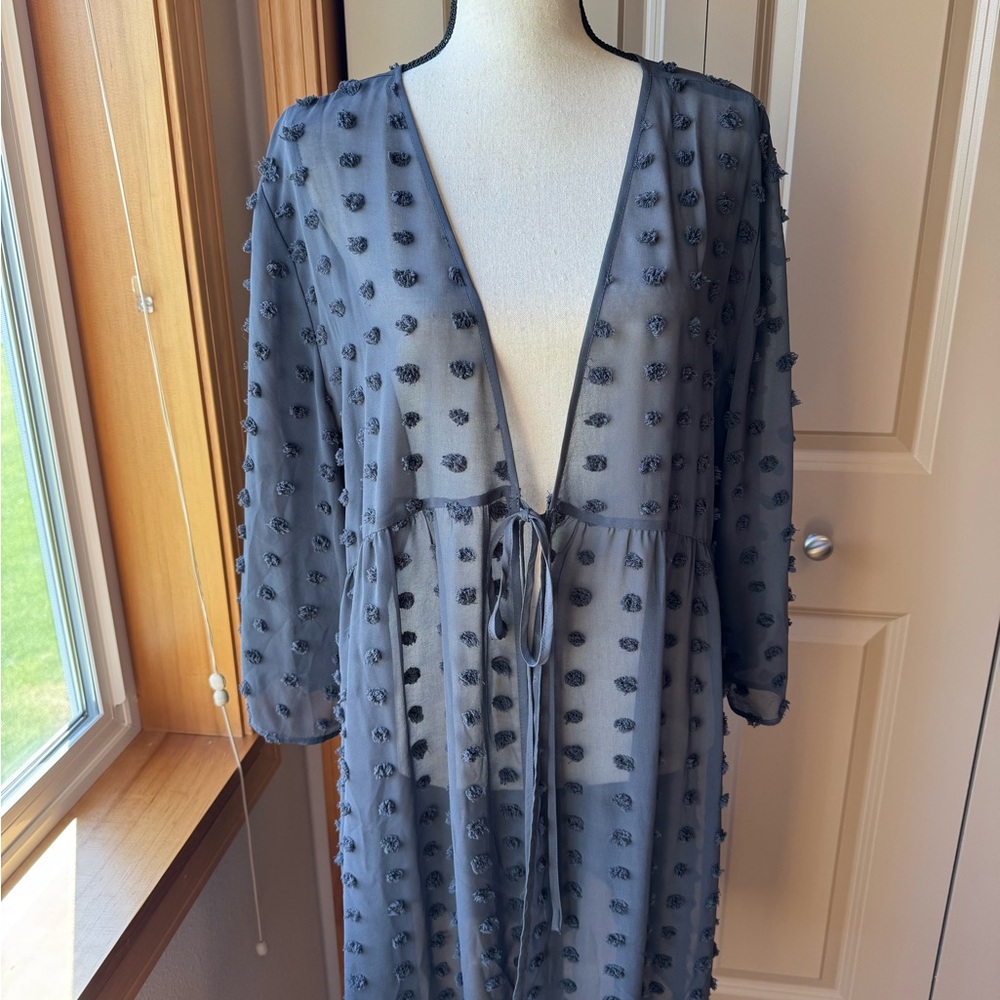 Sheer Textured Tie-Front Duster - Slate Gray